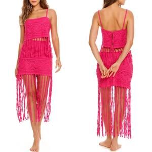 AGUA BENDITA Marni and Ster Crochet Fringe Pink Two Piece Mini Dress Set Size L